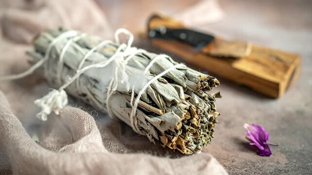 Bundle of dried sage with flower and wooden holder on a neutral background.