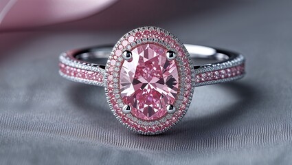 Oval lab pink diamond micro pave in platinum dramatic spotlight on soft gray linen