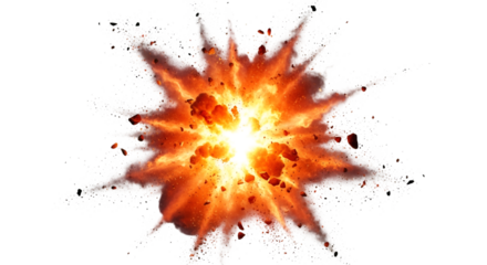 Bright orange explosion with debris on black background isolated on a transparent background