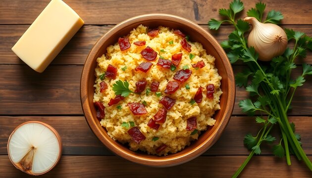 Rustic culinary scene featuring a hearty wagoner's rice dish garnished with parsley and served on a dark wooden tabletop.