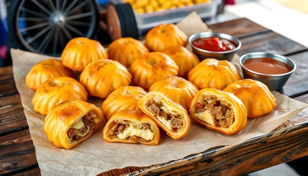 Golden-brown Brazilian empadas filled with savory shredded meat and melted cheese served on parchment paper.