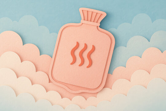 Paper cut style pastel heating pad on dreamy cloud shapes symbolizing warm relief for menstrual cramp. dreamy, layered texture concept for gentle, soothing comfort
