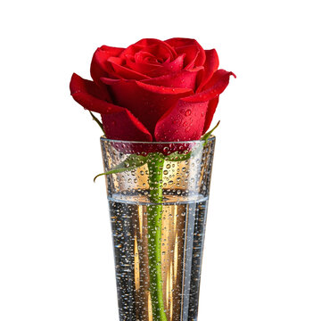 Red rose isolated on transparent background in glass vase
