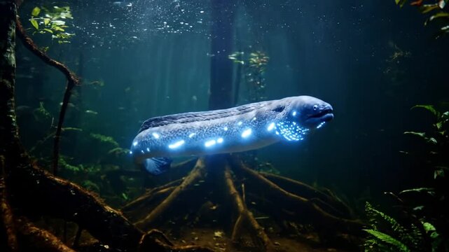 Mysterious electric eel in underwater forest with glowing bioluminescence exploring dark water in natural habitat