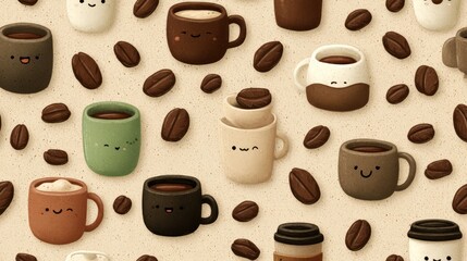 Obraz premium Cute seamless pattern with cartoon coffee cups and scattered coffee beans. Kawaii mugs, espresso, and latte art in a fun beverage background.