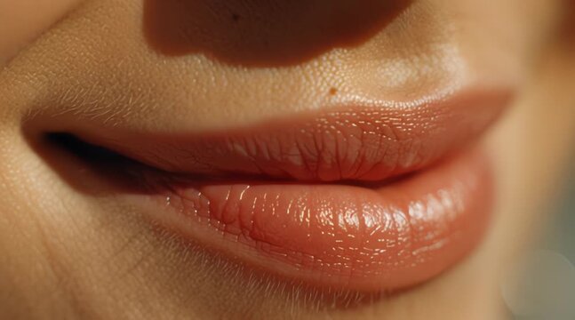 Close-up of a woman's lips with a subtle smile, highlighting the soft texture and natural, healthy glow of her skin