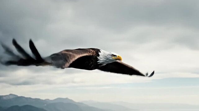 Majestic Bald Eagle Soaring Over Mountainous Landscape with Dramatic Clouds.