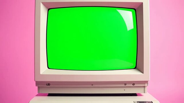 Vintage computer with a green screen on a pink background.
