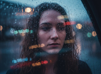 A pensive woman looks through a rainy window at blurred, colorful city lights at night.