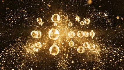 Central burst of shimmering golden light particles exploding outwards with pulsing geometrical shapes signaling success and reward visual effects, abstract geometry, dynamic background - Powered by Adobe