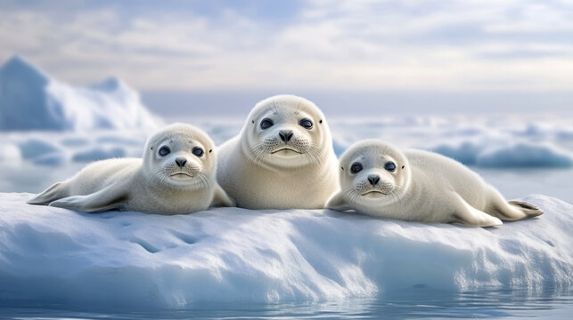  cute family of seals with two cubs on an ice floe in the ocean