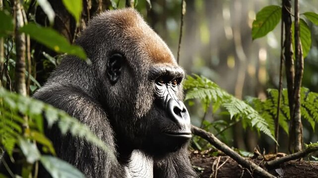 Majestic silverback gorilla gazing serenely in lush green forest habitat with bright sunlight filtered through the trees