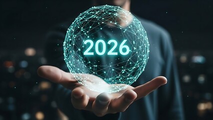 2026 Global Future Hand Holding Digital human hand presents a radiant digital sphere inscribed with "2026," representing the dawn of future innovation and technological transformation. Sphere New Year