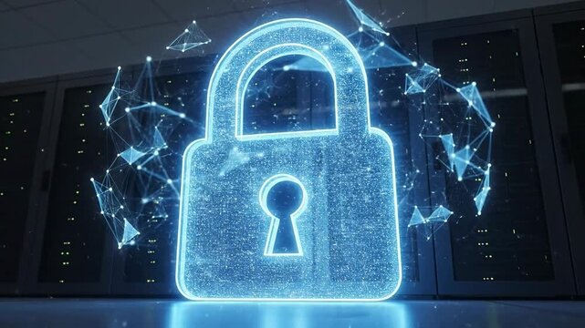 Digital lock graphic floating in front of server racks in data center.