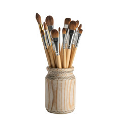 Collection of paintbrushes in a wooden holder, isolated on transparent background