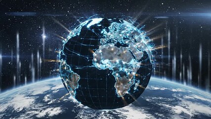 Dynamic visualization of a futuristic global network showcasing intricate digital connections and data flow across the Earths continents symbolizing advanced technology worldwide communication and th. - Powered by Adobe