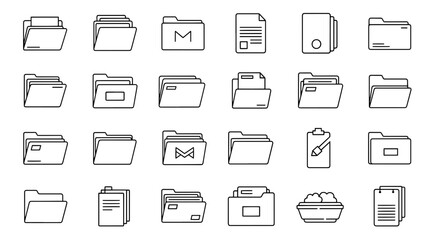 A collection of twenty-four various simple line art file icons, including folders, documents, and related office supplies, all in black on white
