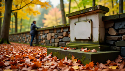 A weathered stone memorial plaque in an ancient cemetery at dawn, commemorating the Holocaust
