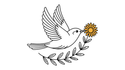 Obraz premium A white dove carries a sunflower and olive branch in its beak.