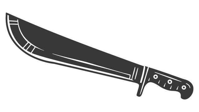 A silhouette of a large, curved machete knife is shown against a white background.
