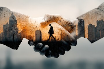 Abstract handshake with silhouette walking cityscape overlay symbolizing partnership and urban progress
