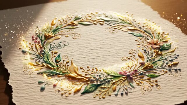 Cinematic animation of a delicate illuminated watercolor wreath illustration materializing in soft golden hour light against a neutral background hour, template, light