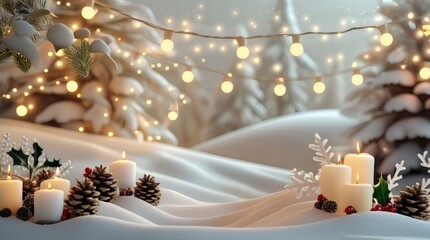 Festive winter Christmas decoration featuring glowing candles and seasonal ornaments like stars and ribbons set against a snowy holiday background with blue accents and light