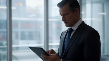 Confident adult caucasian businessman working on a digital tablet in a modern office corridor. Corporate executive managing projects or analyzing data on a wireless device - Powered by Adobe