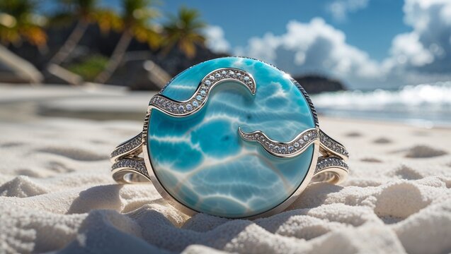 Round Haitian larimar wave multi layer in sterling silver winter on Caribbean white sand