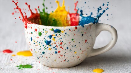 A white ceramic cup erupts with vibrant, colorful paint splashes, a dynamic burst of artistic energy and liquid motion.