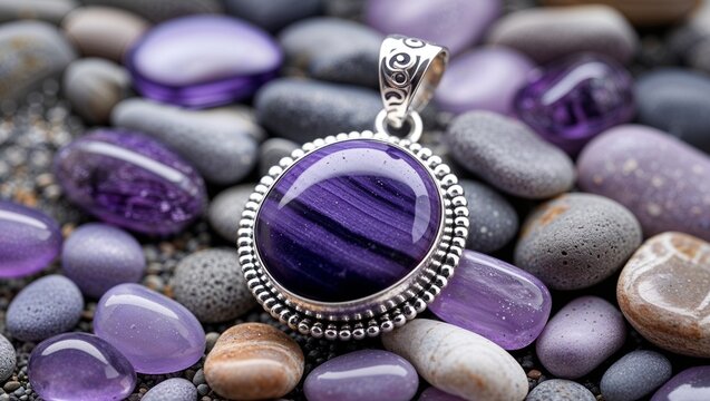 Cabochon sugilite purple pendant in sterling silver beachy on lavender pebble scatter