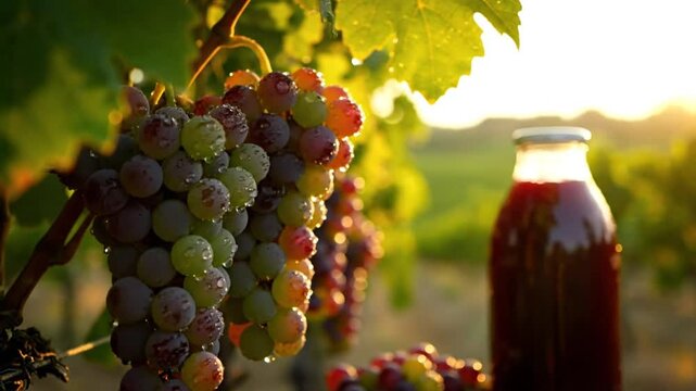 Ripe grapes with a bottle of grape juice in a vineyard, golden sunlight background