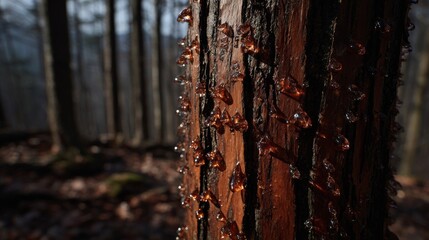 Detailed view of rich brown pine tree bark with glistening amber resin droplets and prominent vertical striae in a forest setting.