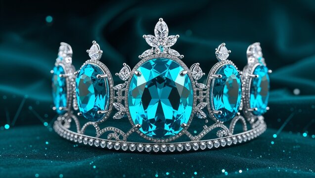Oval paraiba tourmaline neon tiara in platinum electric on dark teal velvet sparks