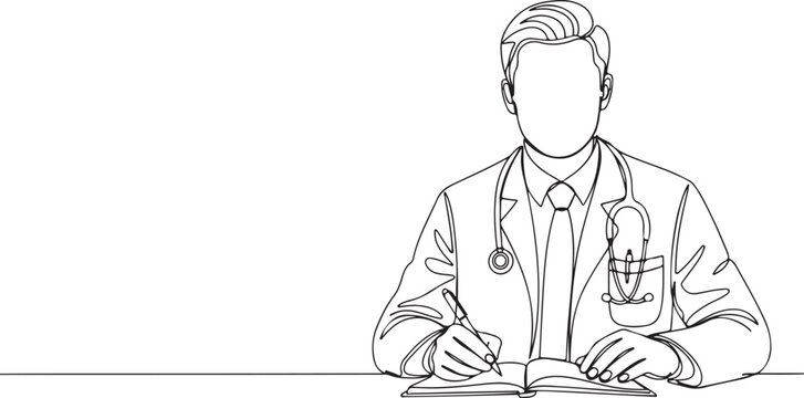Continuous single line illustration of a medical doctor taking notes. Minimal line art style vector.eps