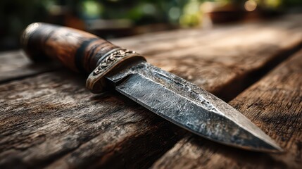 Rustic knife on weathered wooden table with blurred background