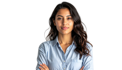 Confident Young Woman With Arms Crossed Isolated On Transparent Background Wearing Blue Shirt For Business Or Lifestyle Concepts And Advertising