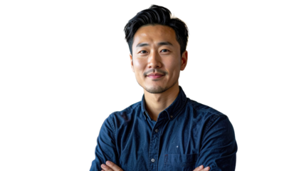 Portrait Of Young Adult Asian Man With Arms Crossed Wearing Blue Shirt On Transparent Background For Business And Lifestyle Concepts
