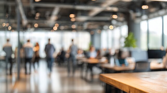 A blurred view of people working and socializing in a modern office space with wooden tables and large windows
