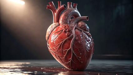 Realistic red human heart on dark dramatic background with intense mood