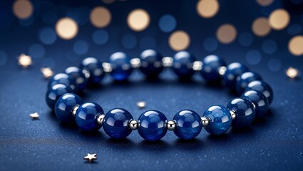 Round blue sapphire bead bracelet in white gold flexible links midnight glow on navy velvet star bokeh