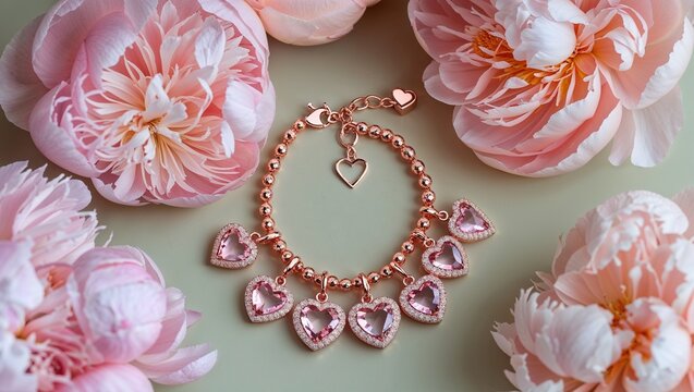 Heart pink morganite charm bracelet in rose gold dangling hearts pastel bloom on soft peach peonies