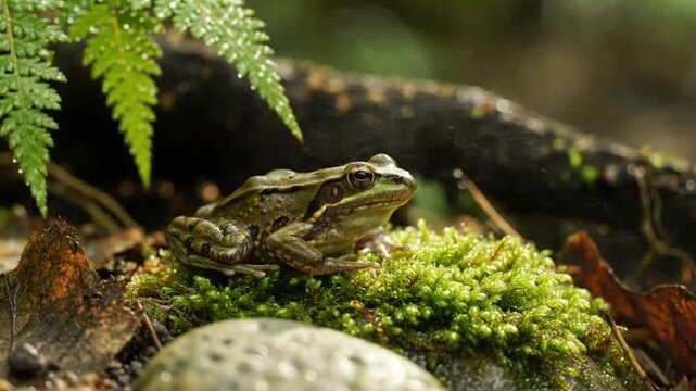 Close-up of a vibrant frog perched on lush green moss surrounded by nature's beauty in a tranquil forest setting