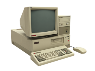 Vintage desktop computer system with crt monitor keyboard and mouse isolated on transparent background