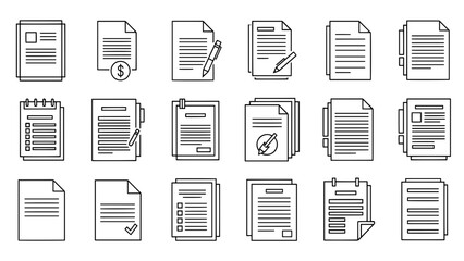 A collection of stylized, linear icons depict various document types with pencils, checklists, and more. All are monochromatic and minimalistic in design