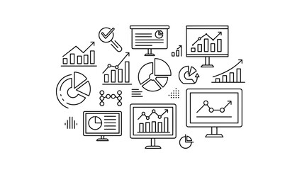 A collection of simple line art icons and illustrations, depicting financial trends, data analysis, and business growth visualization on monitors