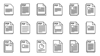 A collection of stylized PDF document icons, each with "PDF" label, displaying different internal layouts. Variety of visual representations