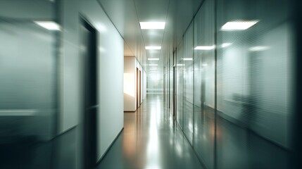 Fototapeta premium A blurred view of a long, empty office hallway with glass walls and fluorescent lighting