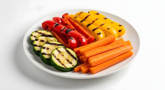 Plate of grilled vegetables including carrots zucchini and bell peppers isolated on white background