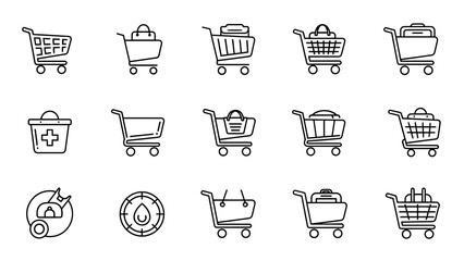 A collection of simple black-and-white line drawings. The images feature shopping carts with bags, containers, and medical symbols, highlighting shopping and essential items